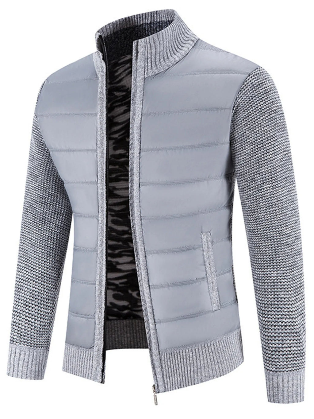Men's Plus Size Quilted Knit Bomber Jacket with Stand Collar by Trendsi