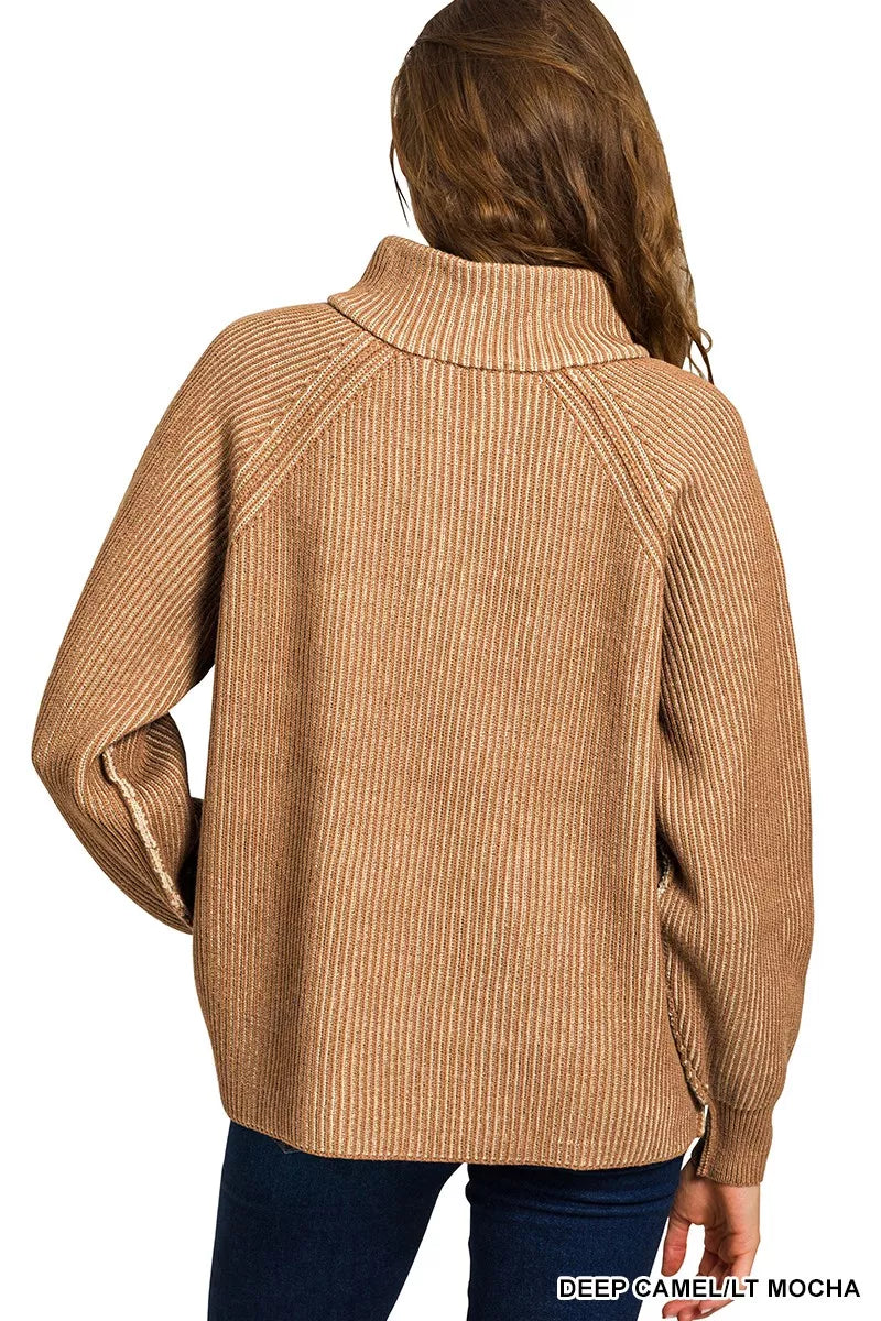 Zenana Ribbed Two Tone Half Zip Sweater by Trendsi