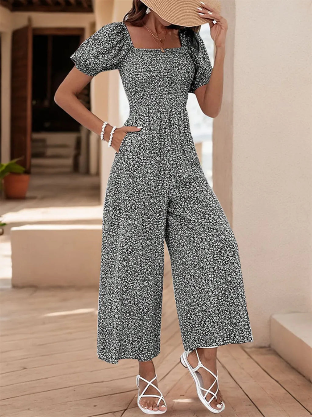 Printed Square Neck Puff Sleeve Jumpsuit by Trendsi