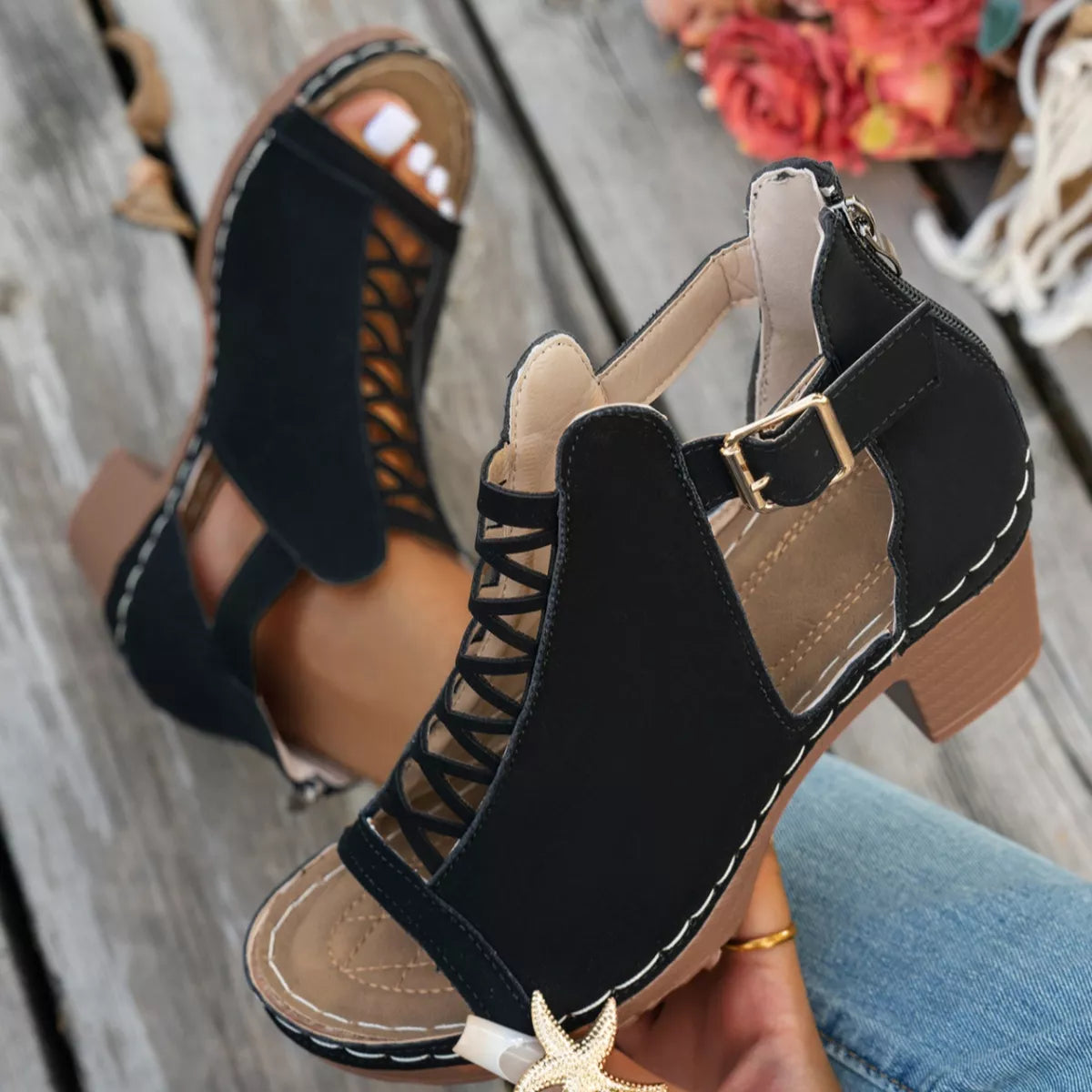 Buckle Block Heels Sandals by Trendsi