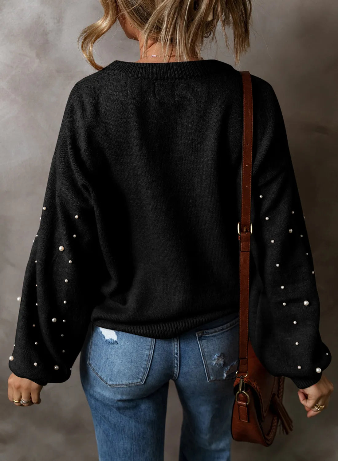 Pearl Detail Round Neck Long Sleeve Sweater by Trendsi