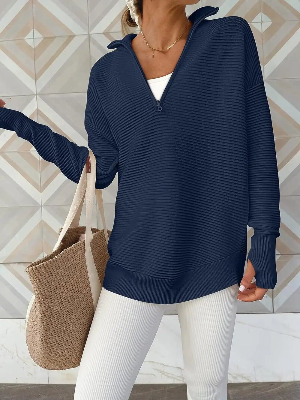 Half Zip Long Sleeve Knit Top by Trendsi