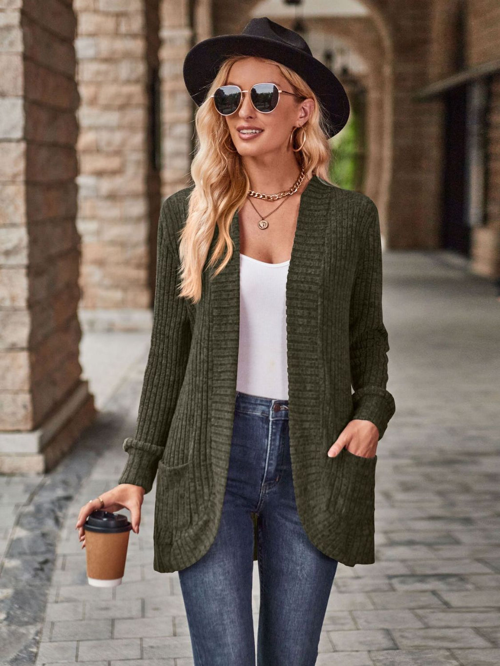 Open Front Cardigan with Pockets by Trendsi