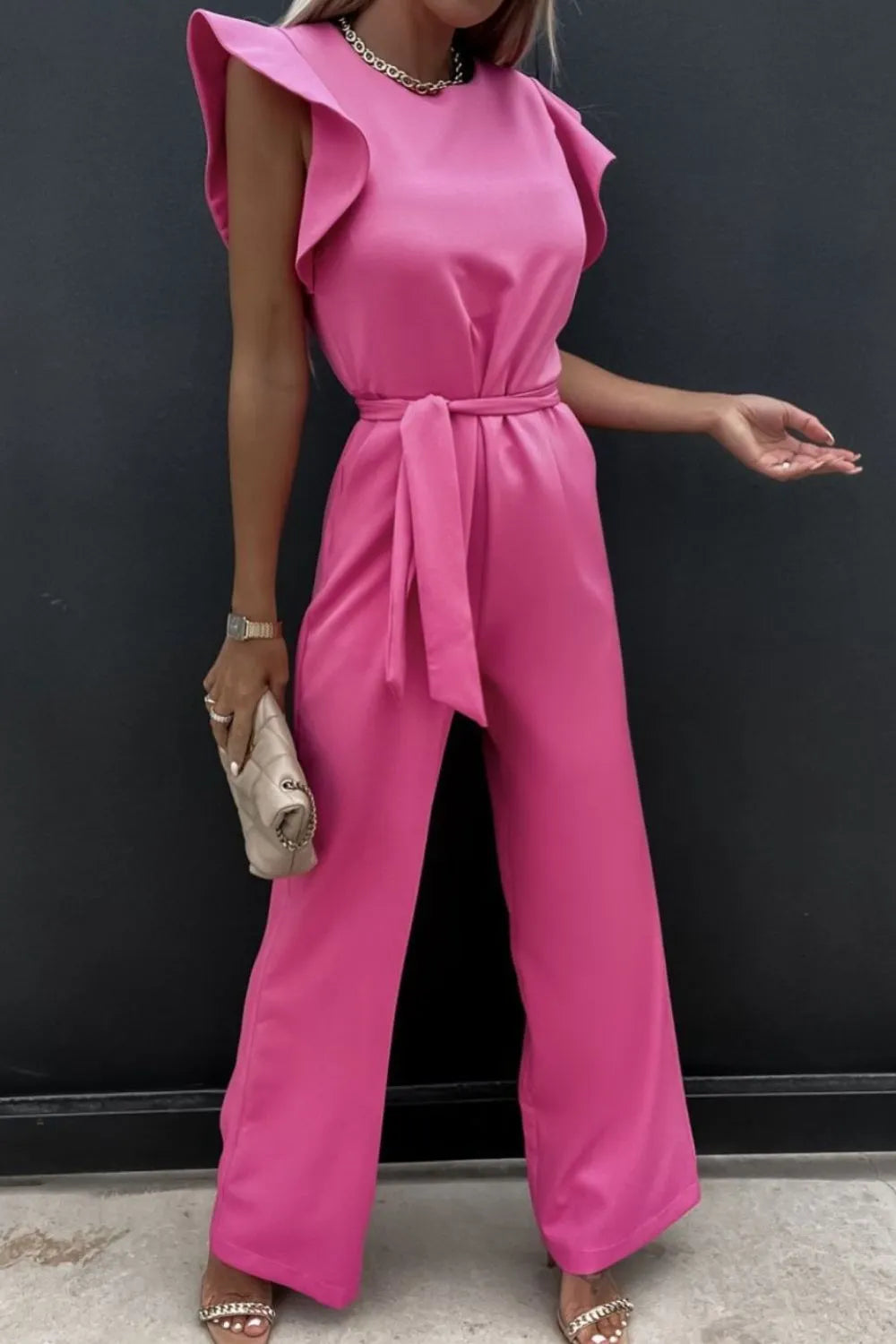 Round Neck Cap Sleeve Jumpsuit by Trendsi