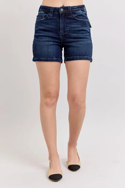 Judy Blue Full Size High Waist Back Flap Pocket Denim Shorts Plus Size by Trendsi