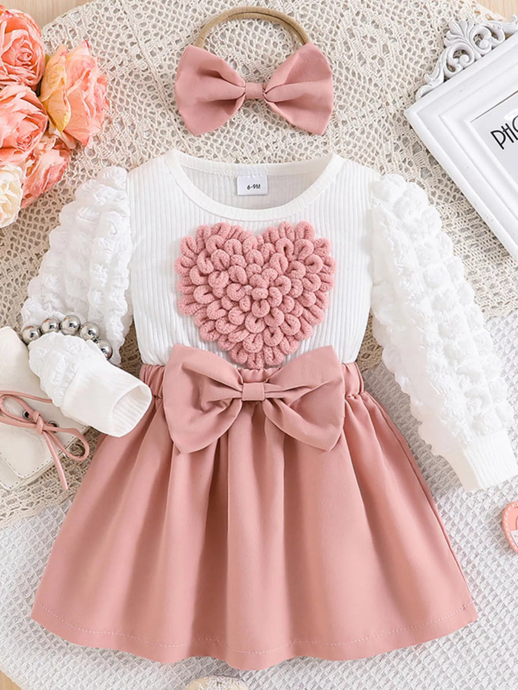 Children's Heart Bowknot Decor Dress with Headband by Trendsi