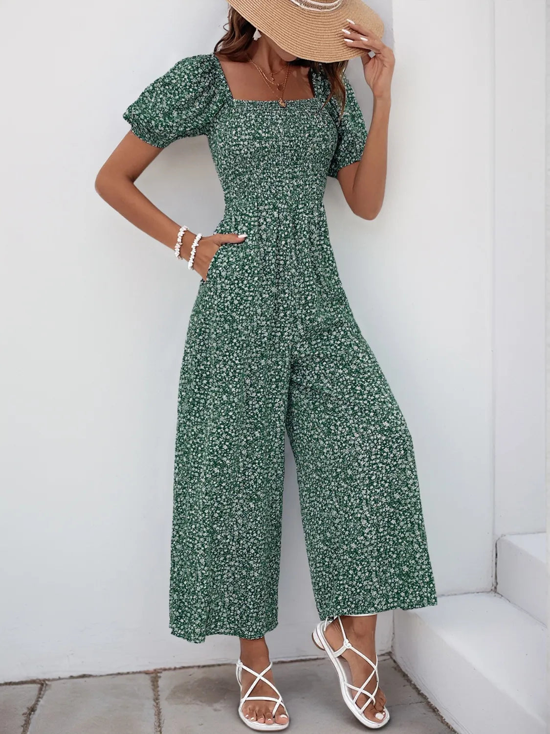 Printed Square Neck Puff Sleeve Jumpsuit by Trendsi