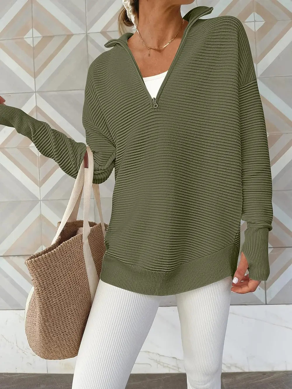 Half Zip Long Sleeve Knit Top by Trendsi