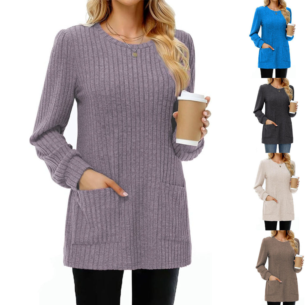 Mid-length Sweater Round Neck Sunken Stripe Solid Color Pocket Top by DC-THE CEO