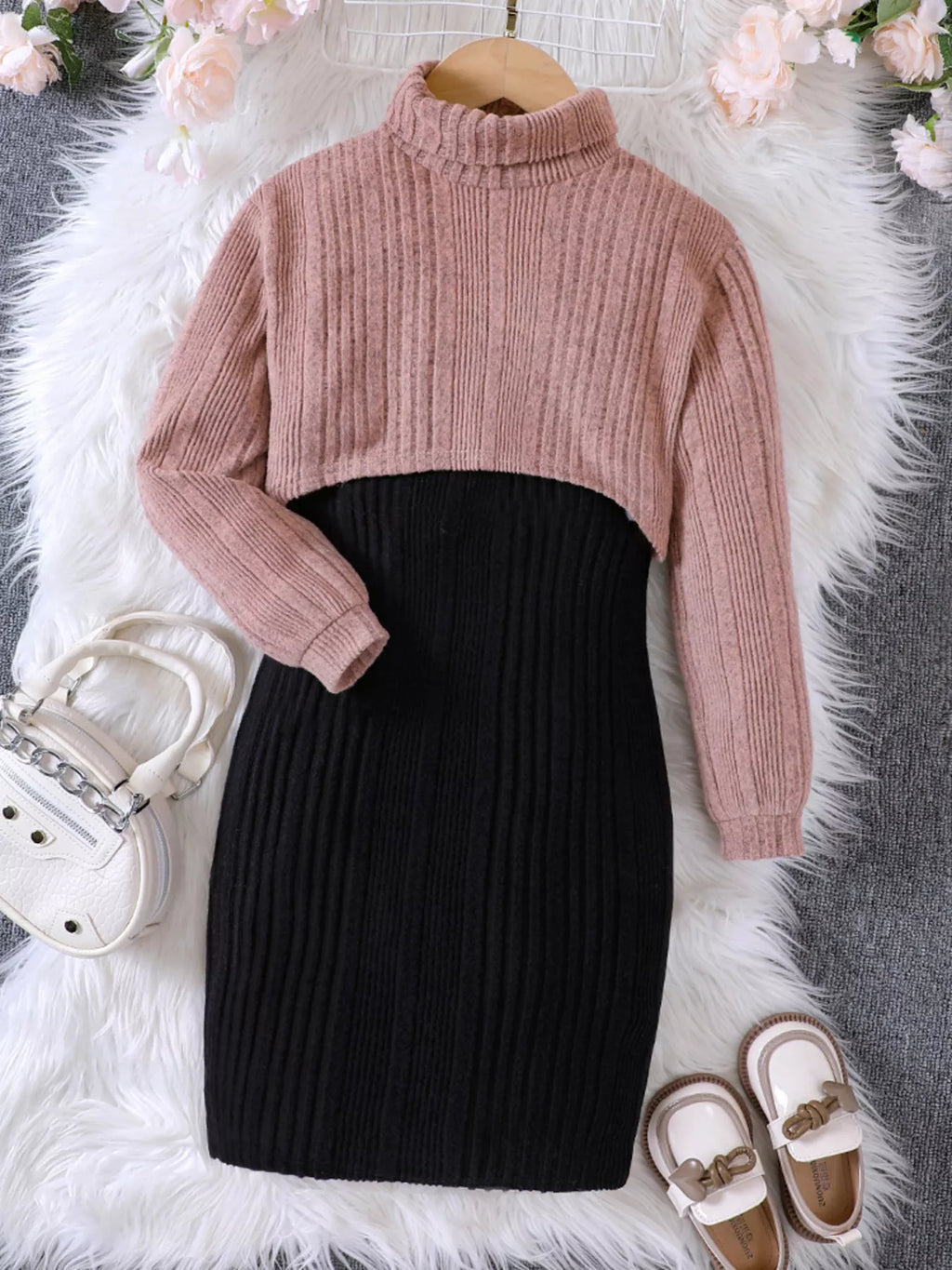 Children's Ribbed Knit Two-Tone Dress Set by Trendsi