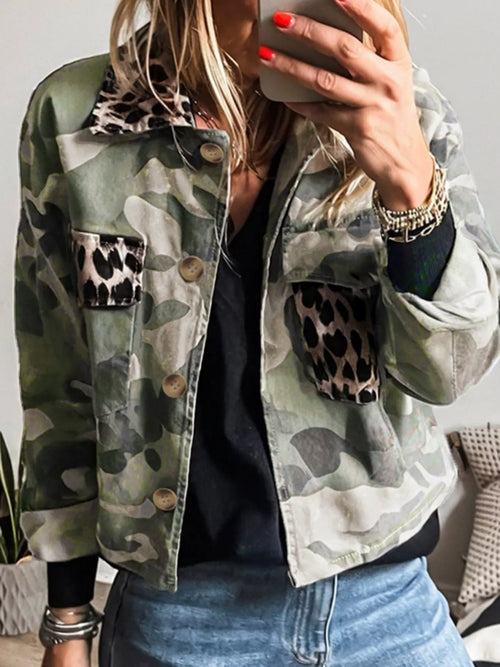 Camo Print Leopard Trim Button Up Jacket by Trendsi
