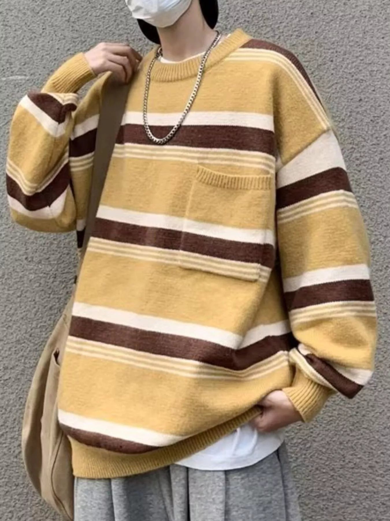 Men's Striped Knit Dropped Shoulder Sweater by Trendsi