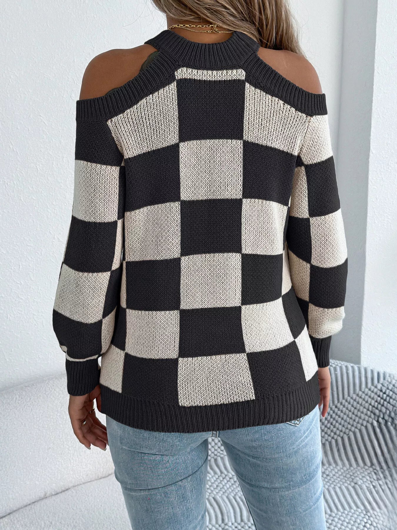 Cold Shoulder Checkered Long Sleeve Sweater by Trendsi