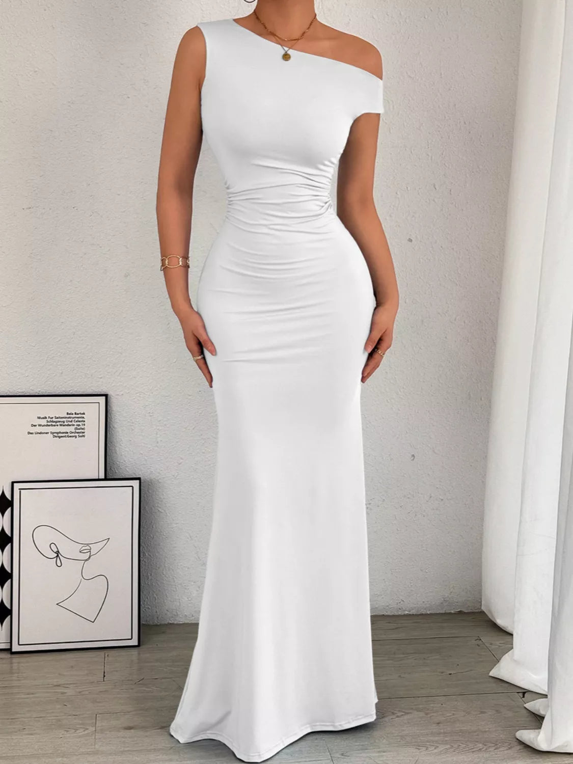 One-Shoulder Ruched Bodycon Maxi Dress by Trendsi
