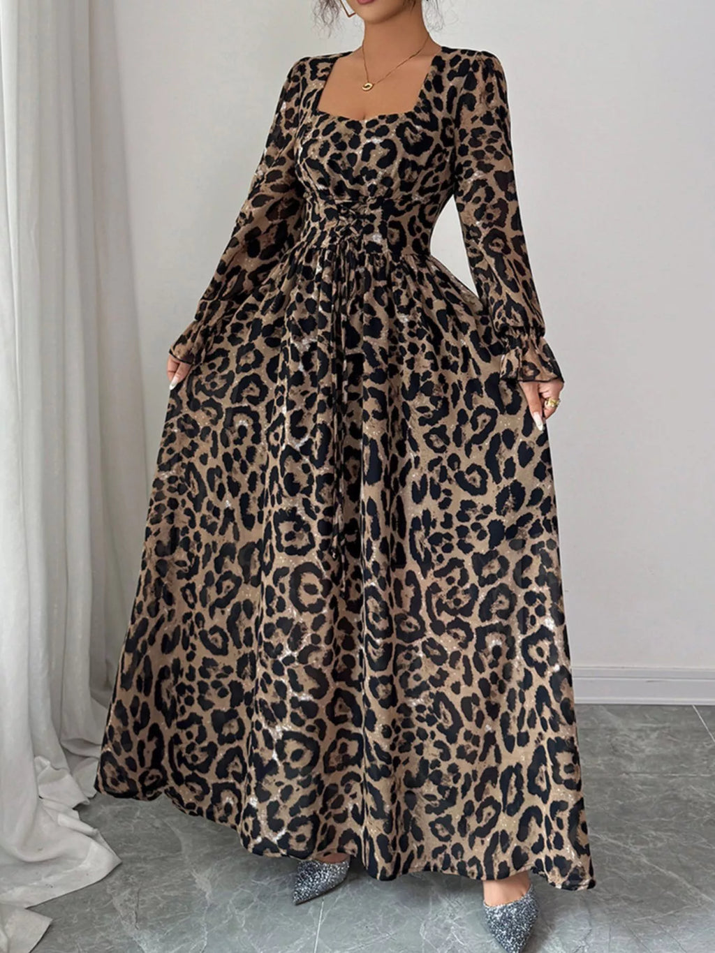 Leopard Sweetheart Neck Flounce Sleeve Maxi Dress by Trendsi