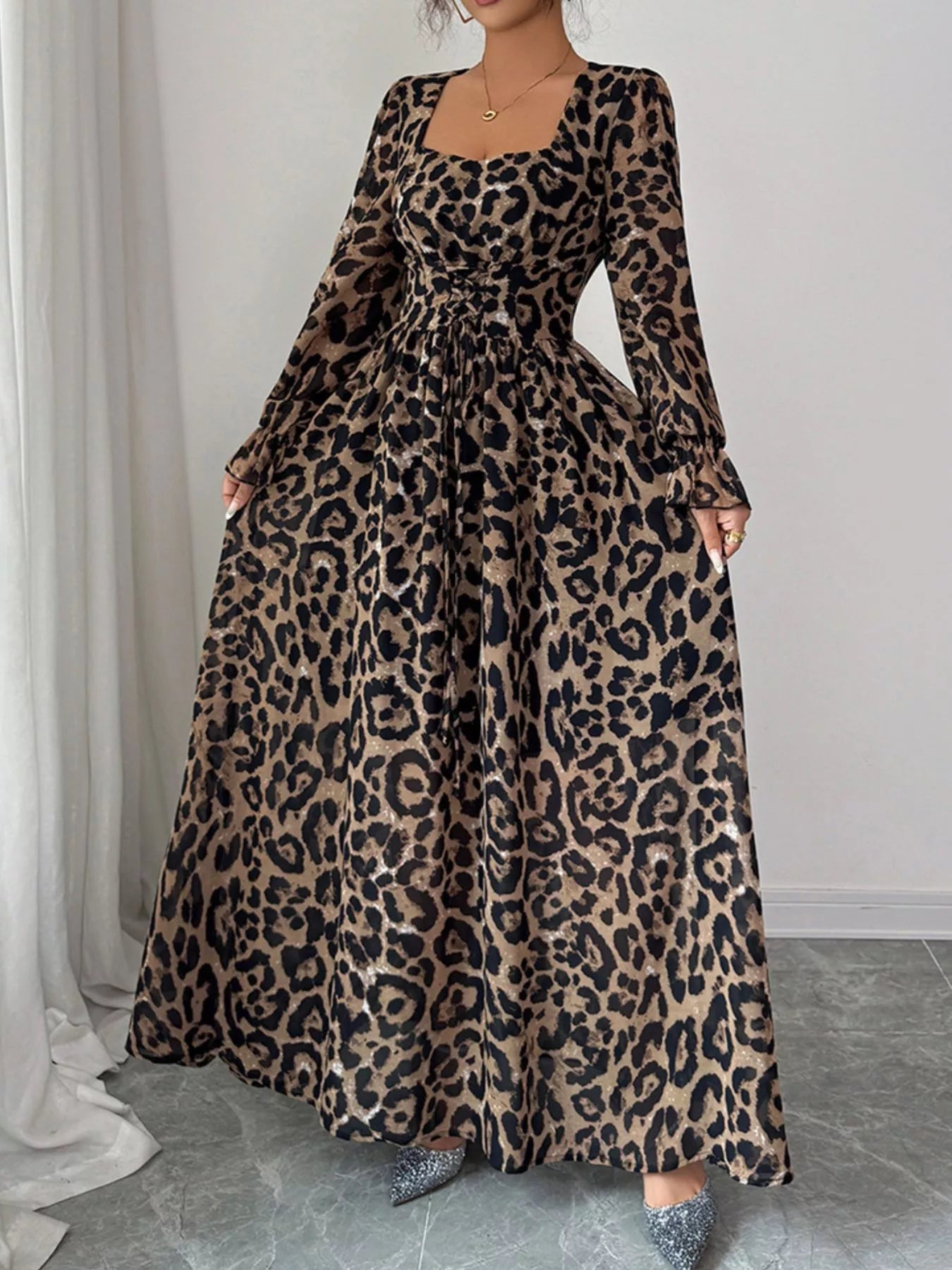 Leopard Sweetheart Neck Flounce Sleeve Maxi Dress by Trendsi
