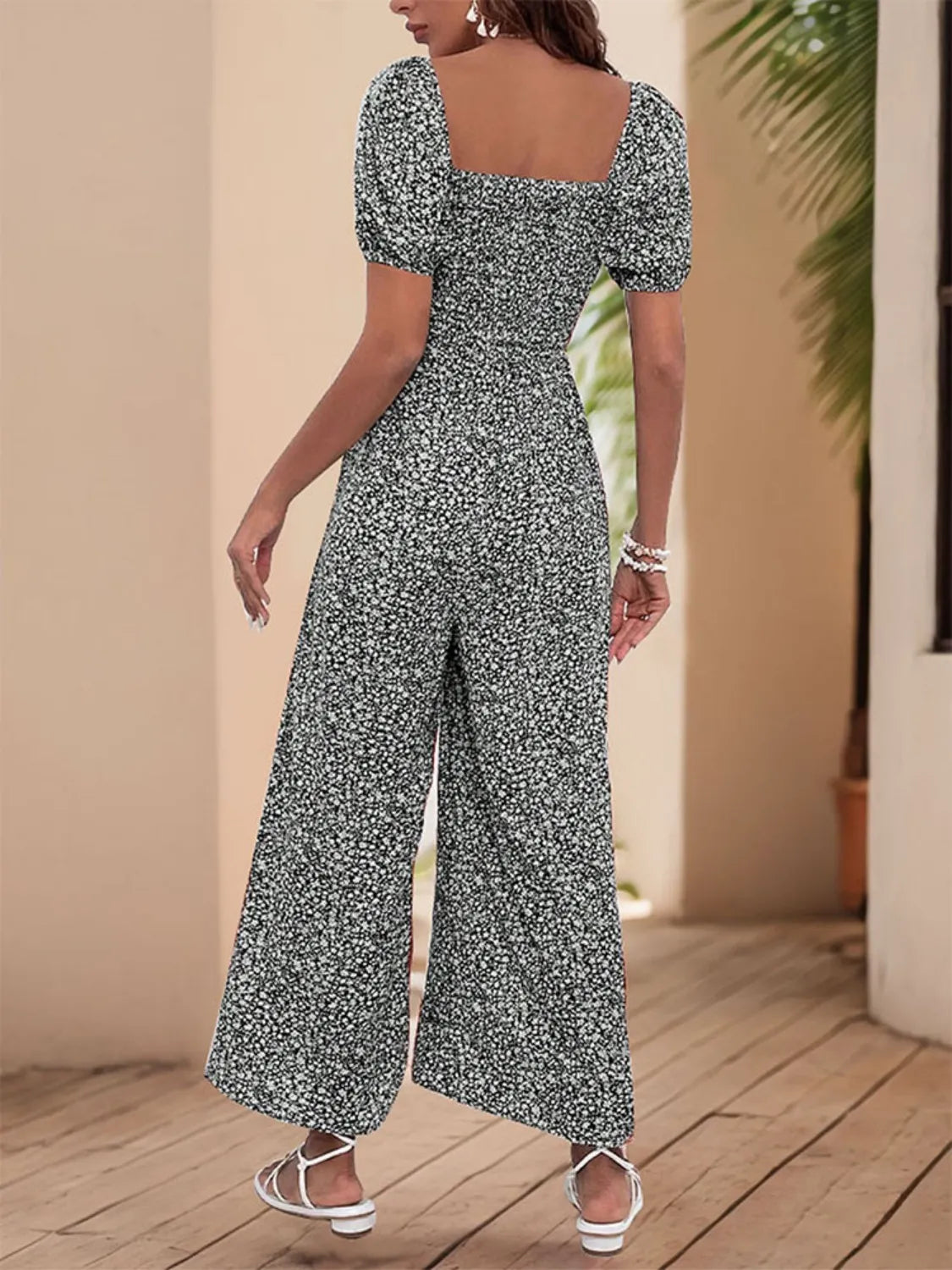Printed Square Neck Puff Sleeve Jumpsuit by Trendsi