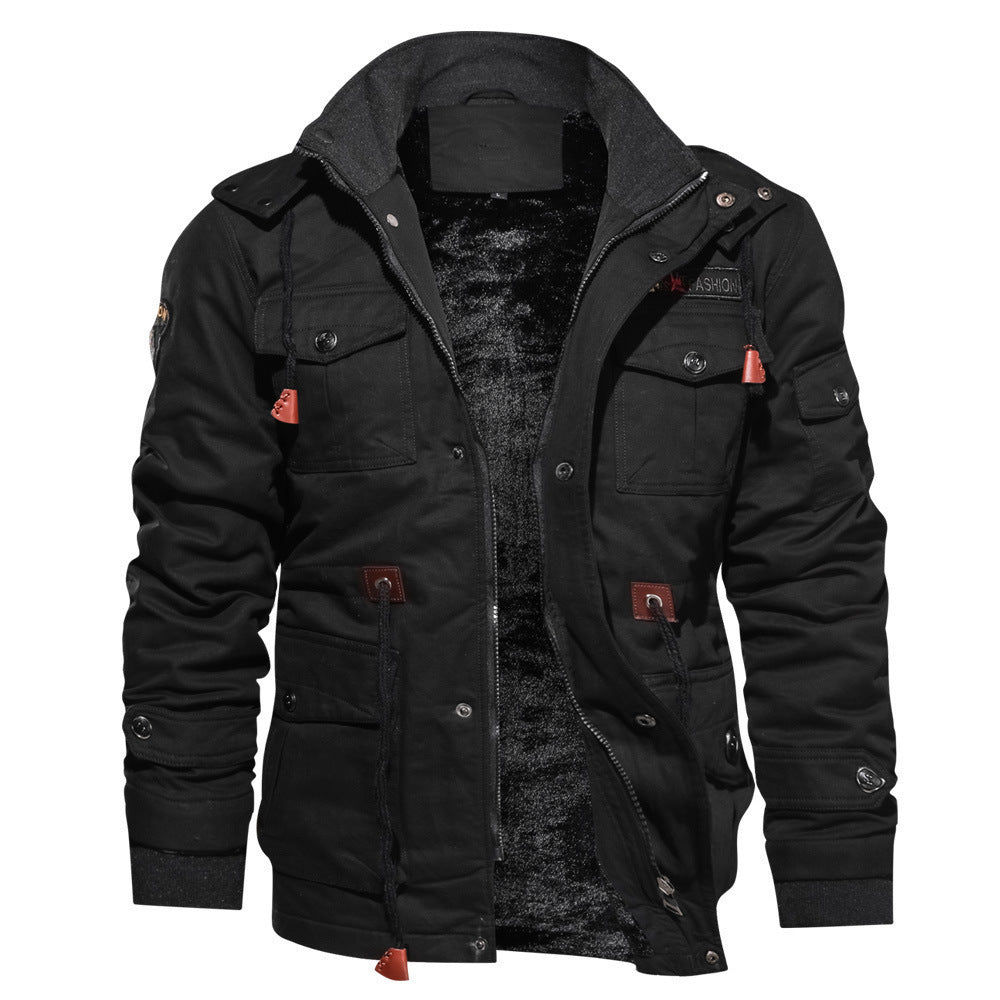 Winter Zip-up Coat Warm Thickened Detachable Hooded Jacket Multi-pocket Button Drawstring Long Sleeve Tops Men's Cargo Clothing by Estely