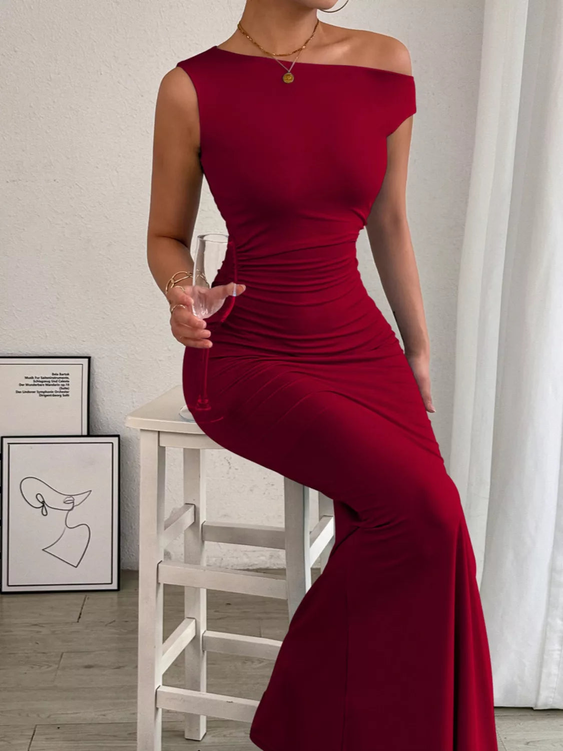 One-Shoulder Ruched Bodycon Maxi Dress by Trendsi