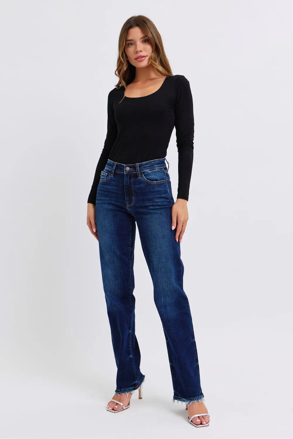 Judy Blue Full Size Raw Hem Straight Leg Jeans by Trendsi