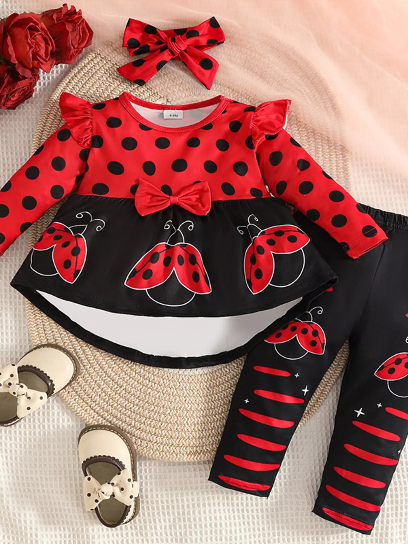 Children's Ladybug Print Ruffle Trim Top and Pants Set by Trendsi