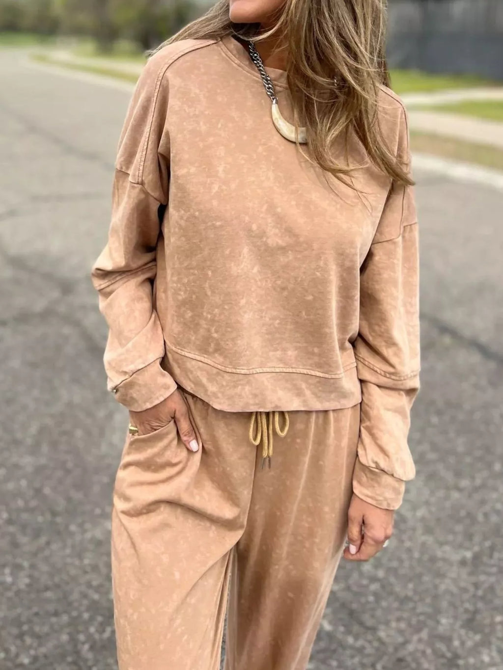 Full Size Washed Round Neck Top and Drawstring Pants Set Plus Size by Trendsi