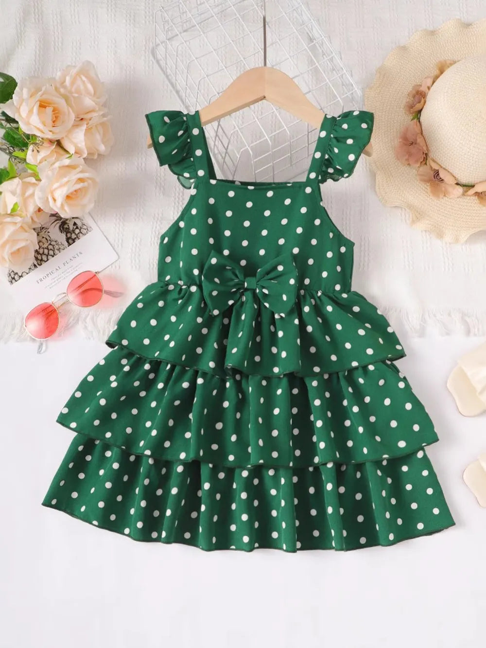 Bow Polka Dot Square Neck Layered Dress by Trendsi