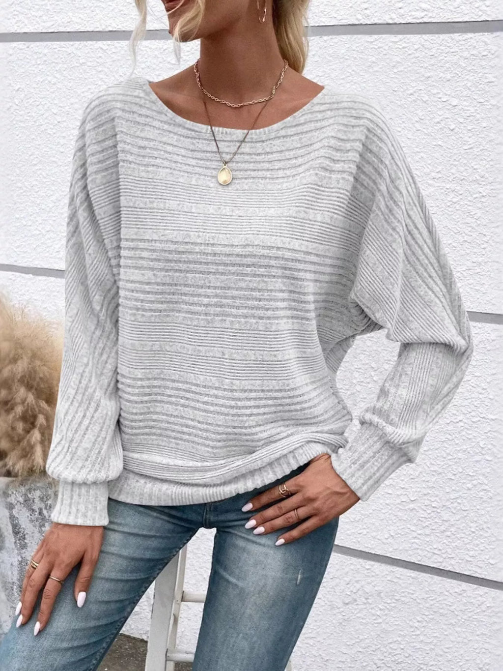 Ribbed Round Neck Long Sleeve Top by Trendsi