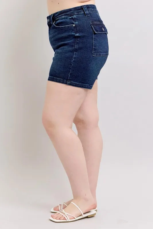 Judy Blue Full Size High Waist Back Flap Pocket Denim Shorts Plus Size by Trendsi