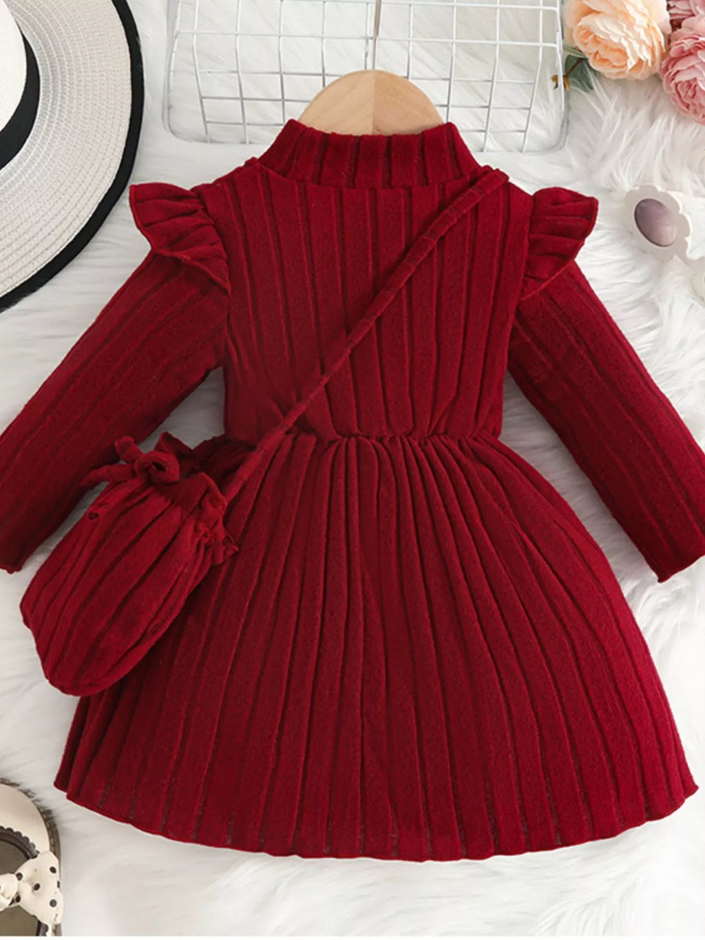 Children's Ribbed Knit Ruffle Trim Dress with Bag by Trendsi