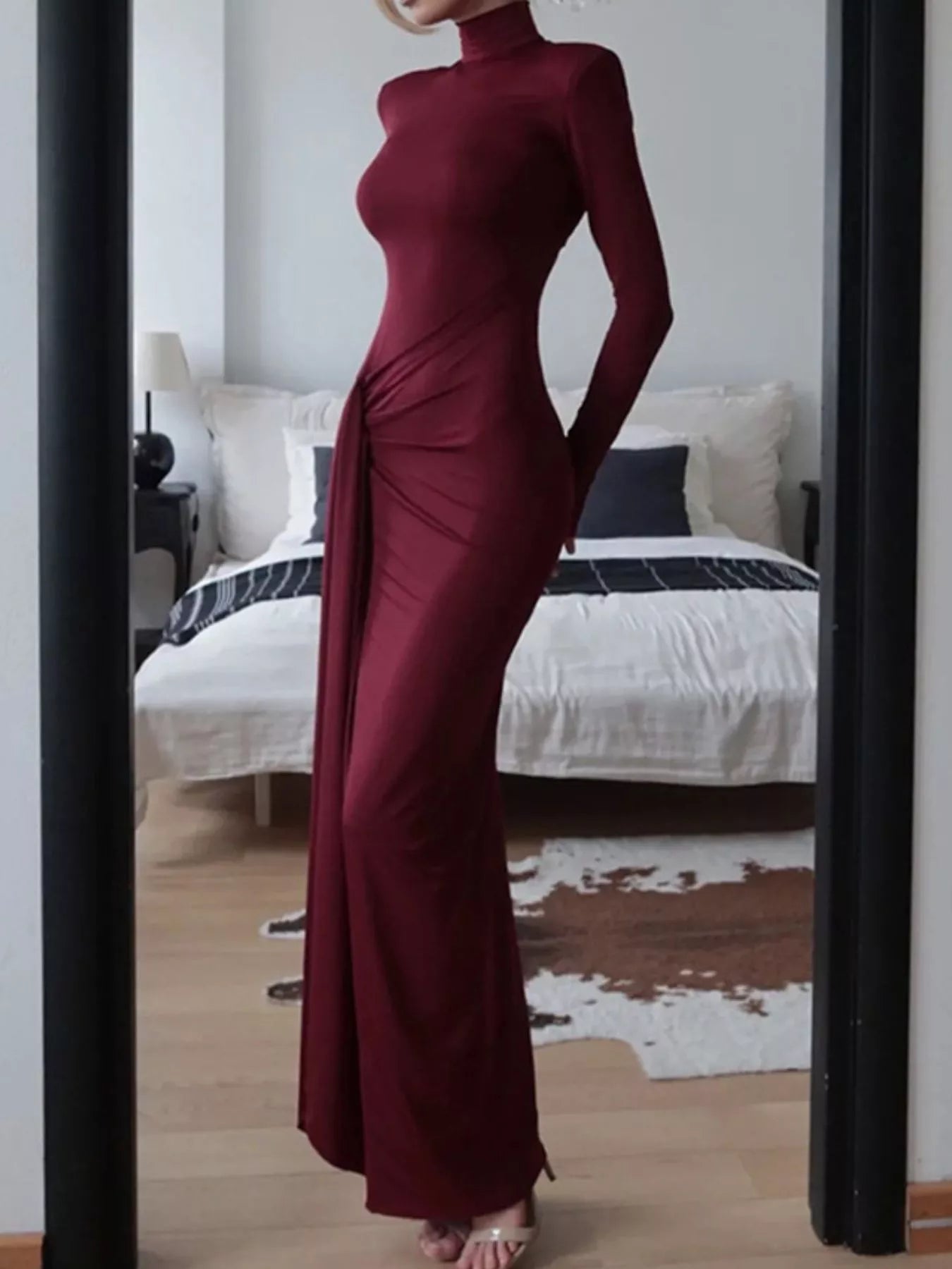 Turtleneck Long Sleeve Slit Maxi Dress by Trendsi