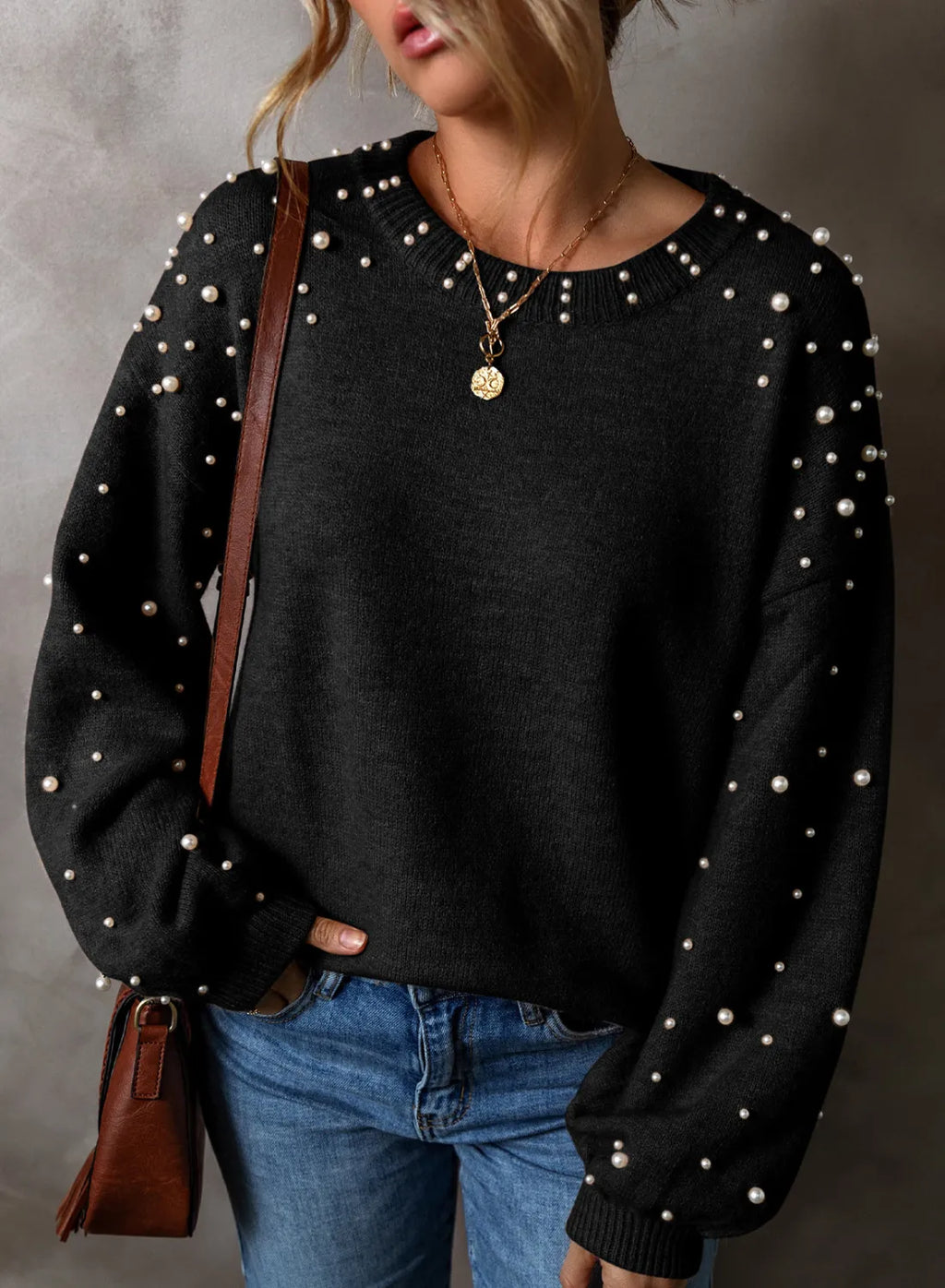 Pearl Detail Round Neck Long Sleeve Sweater by Trendsi