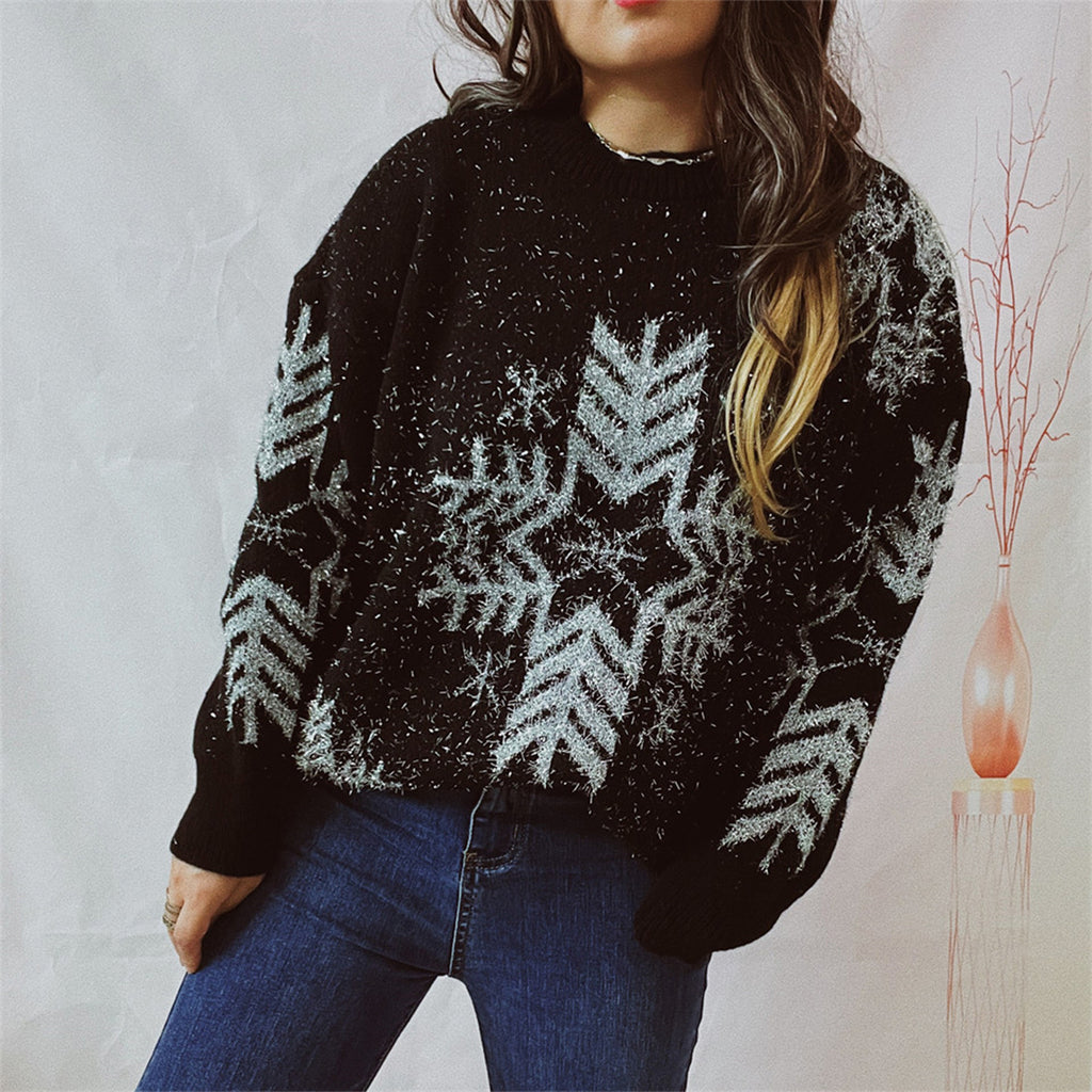 Snowflake Pattern Long Sleeve Sweater by Trendsi