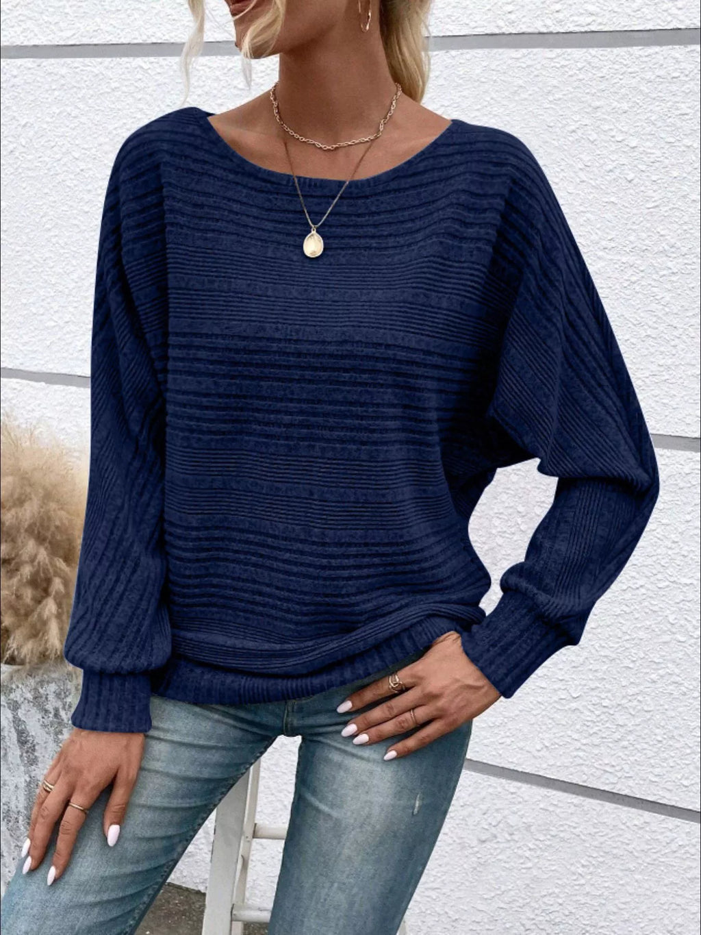Ribbed Round Neck Long Sleeve Top by Trendsi
