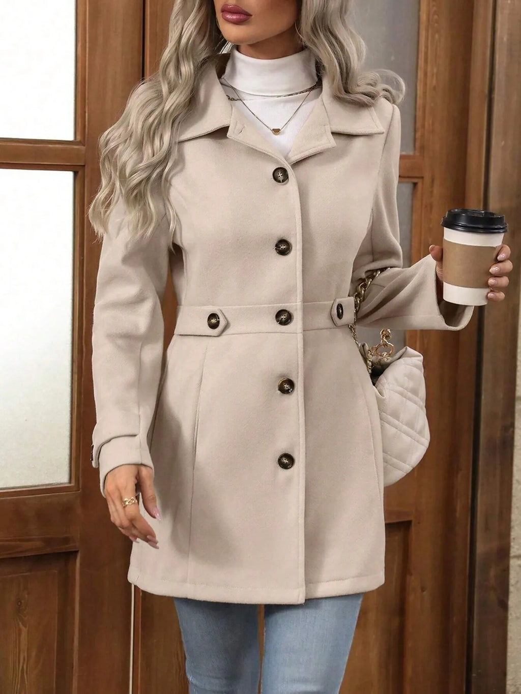 Button Up Long Sleeve Coat by Trendsi