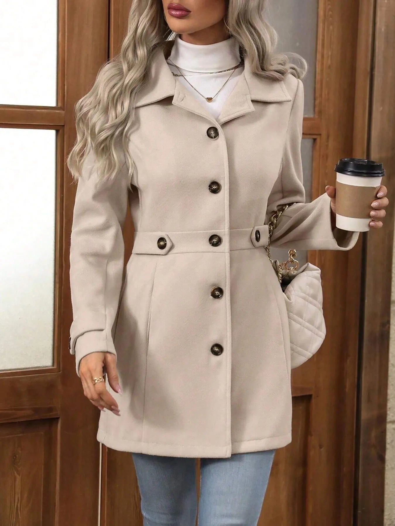 Button Up Long Sleeve Coat by Trendsi