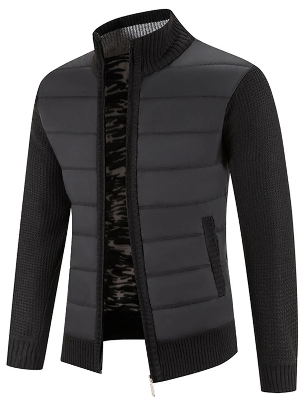 Men's Plus Size Quilted Knit Bomber Jacket with Stand Collar by Trendsi