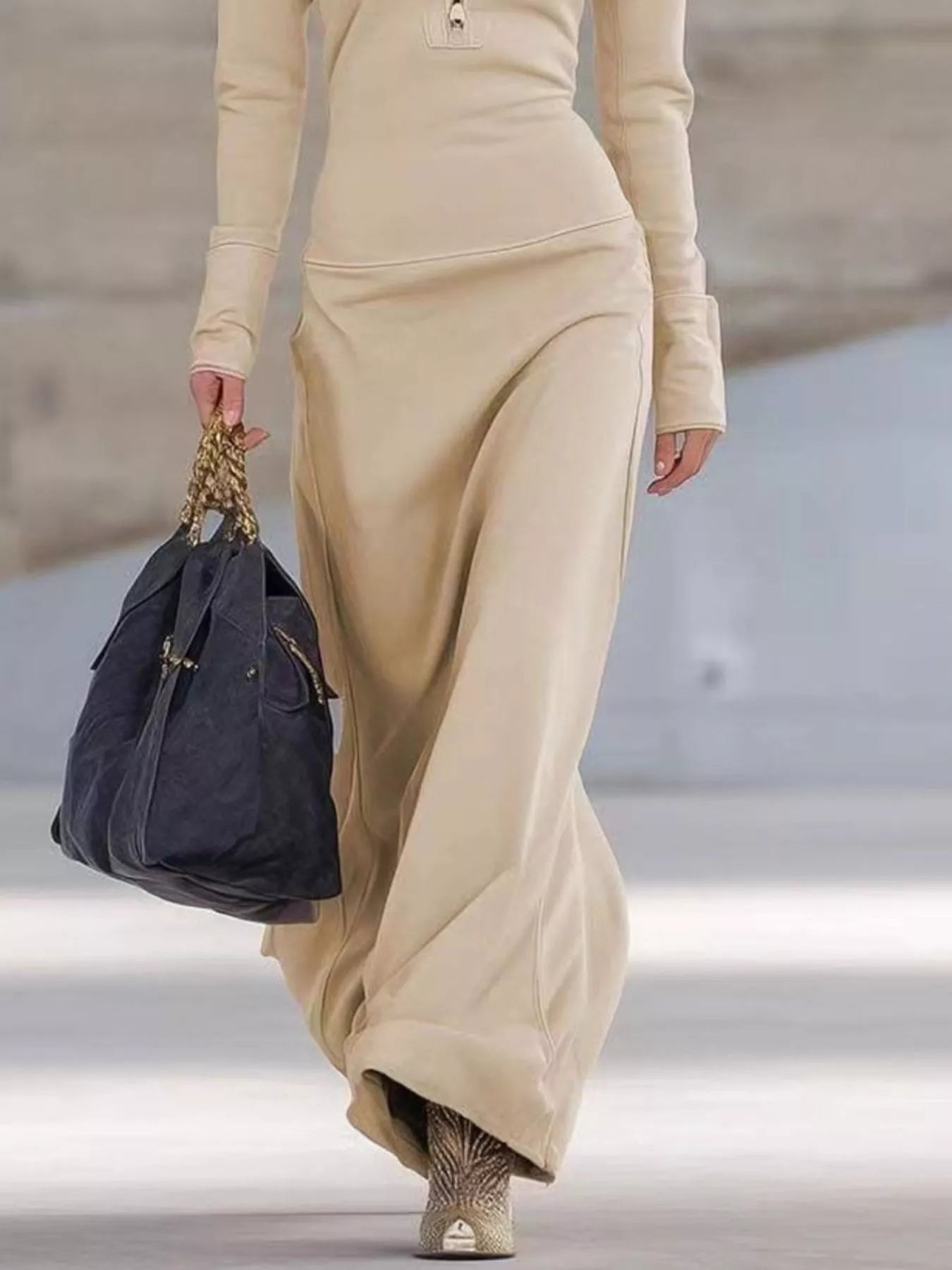 Zip Collar Long Sleeve Maxi Dress by Trendsi