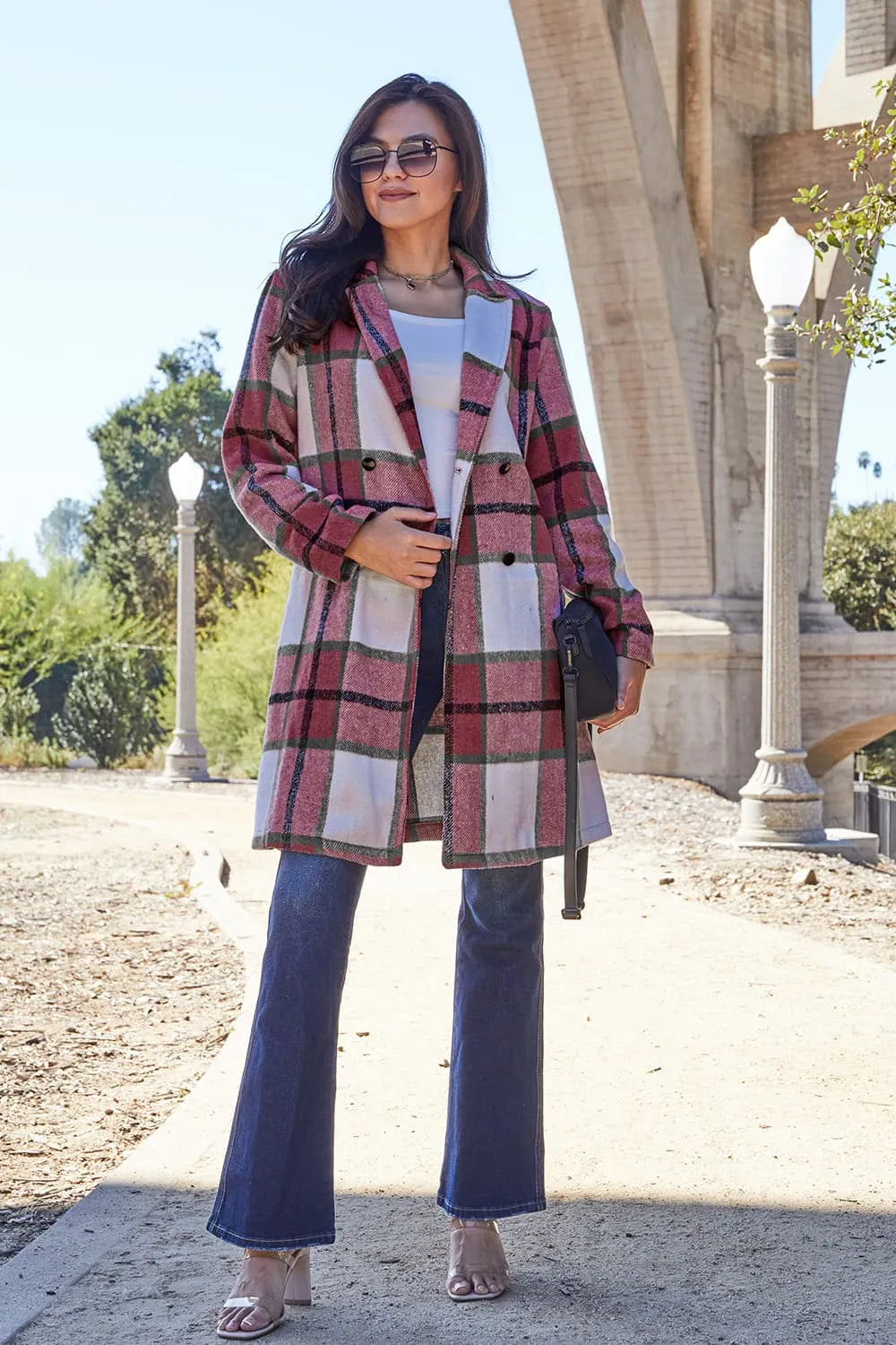 Double Take Full Size Plaid Button Up Lapel Collar Coat by Trendsi