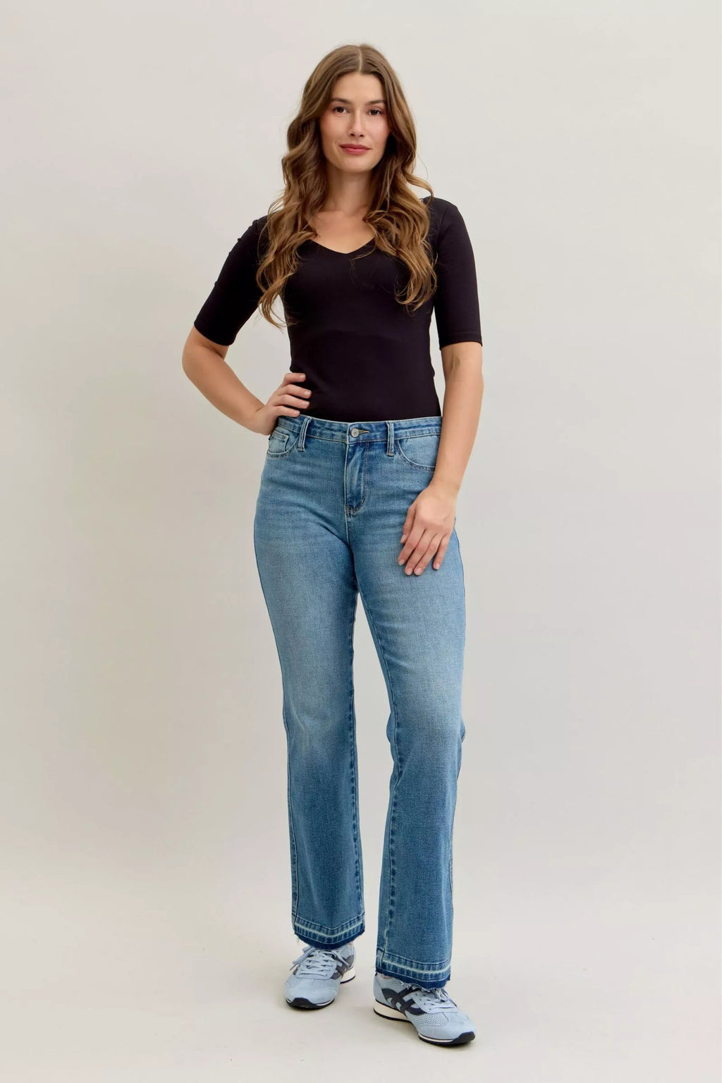Judy Blue Full Size Mid Rise Slim Bootcut Tummy Control Release Hem Jeans Plus Size by Trendsi