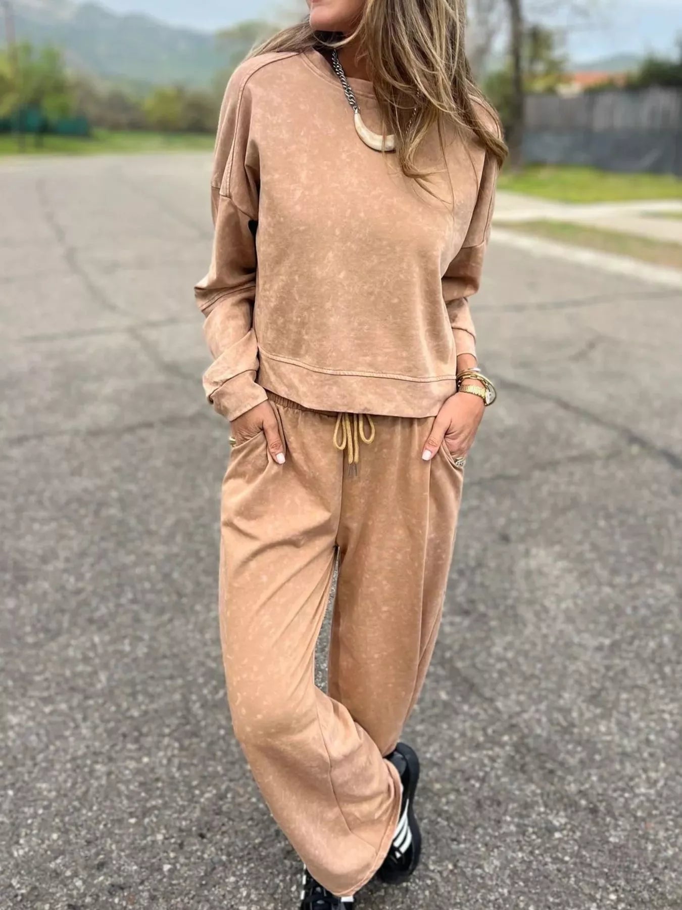 Full Size Washed Round Neck Top and Drawstring Pants Set Plus Size by Trendsi