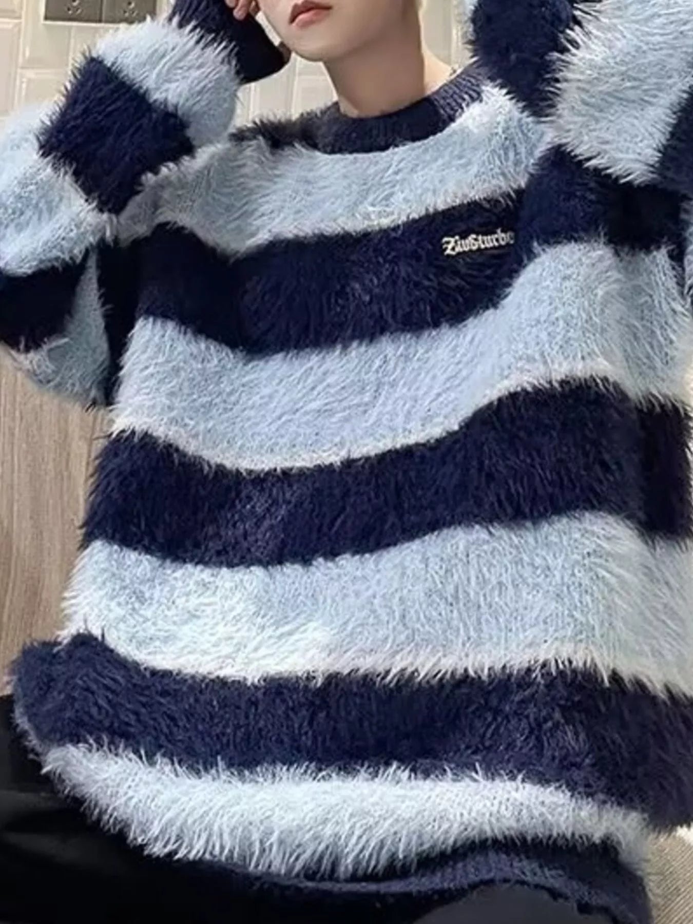 Men's Striped Fuzzy Knit Pullover Sweater by Trendsi