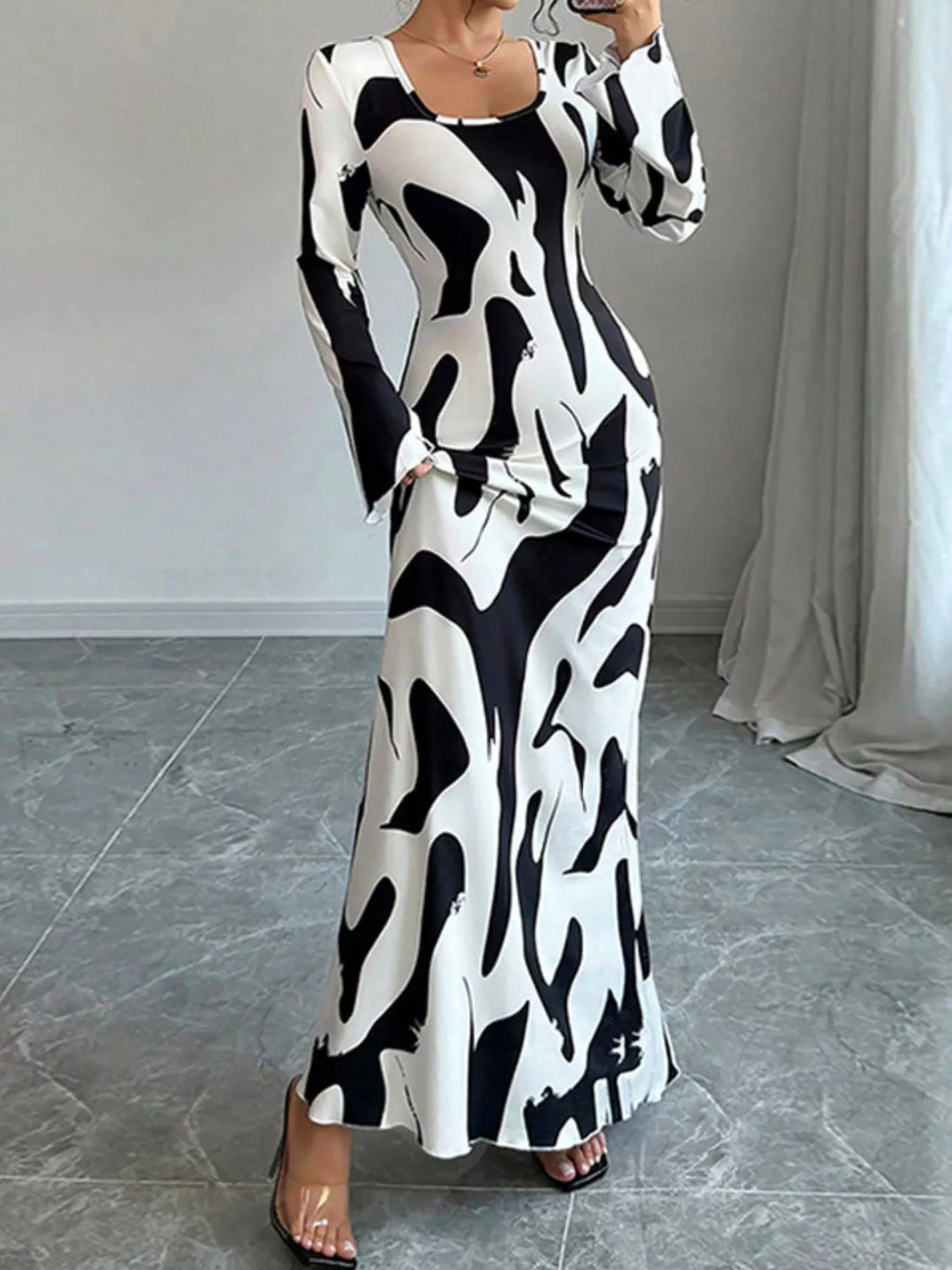 Abstract Print Long Sleeve Maxi Dress by Trendsi