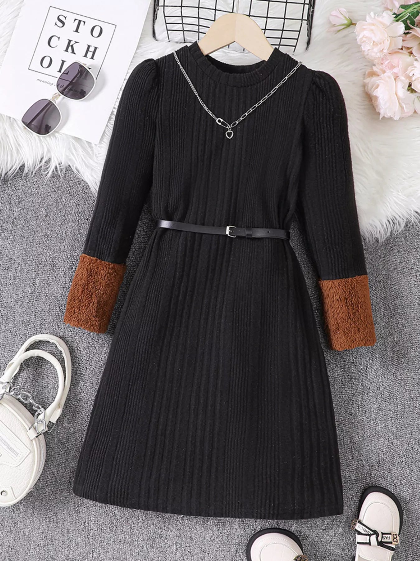 Children's Ribbed Knit Long Sleeve Dress by Trendsi
