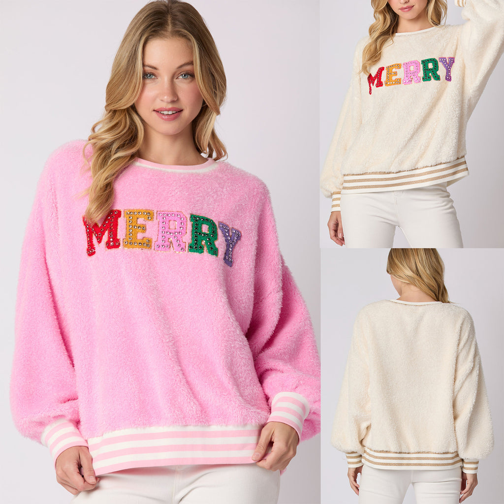 Letter Rhinestone Long Sleeve Pullover Hoodie Round Neck by DC-THE CEO