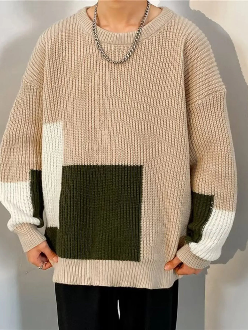 Men's Plus Size Color Block Long Sleeve Sweater by Trendsi