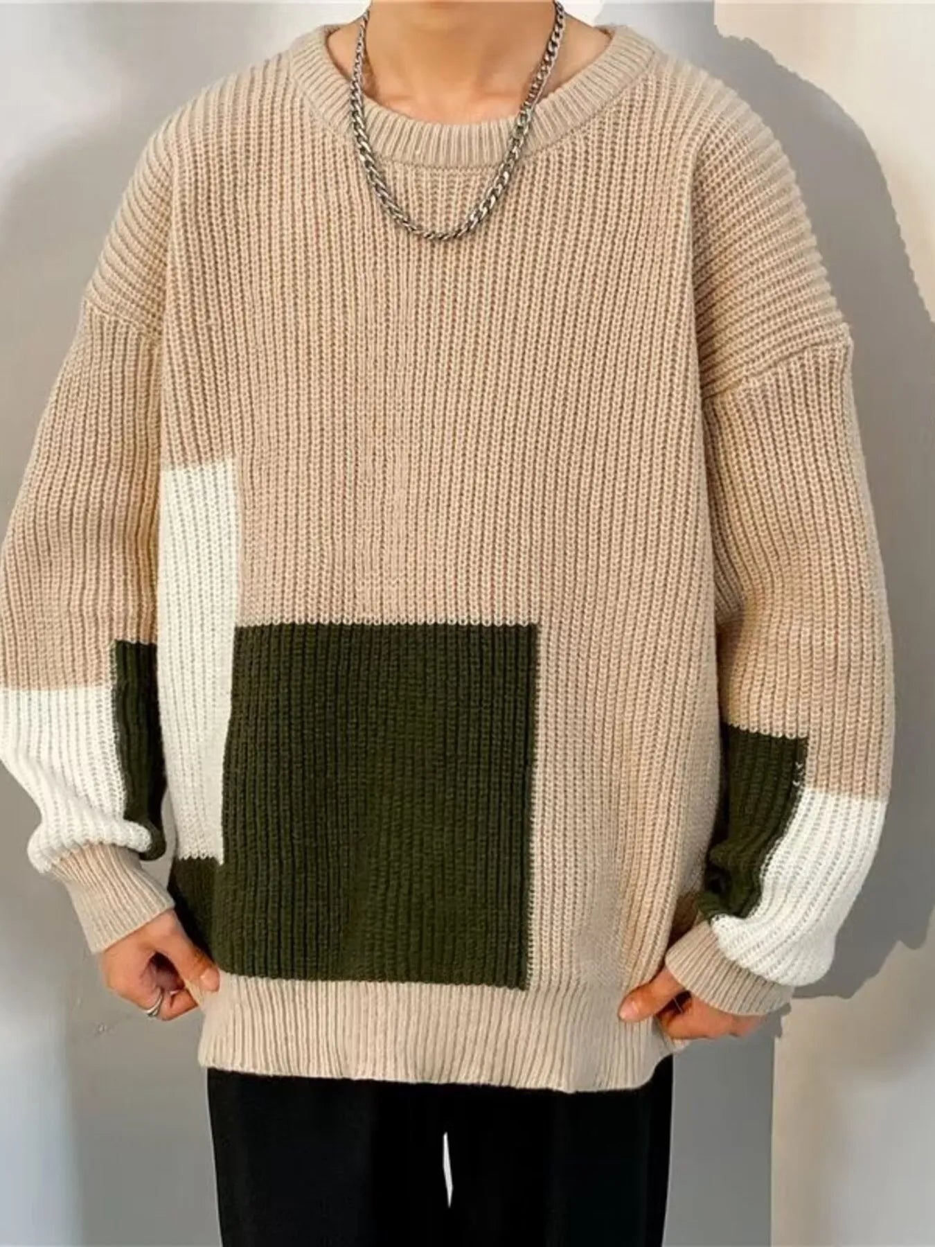 Men's Plus Size Color Block Long Sleeve Sweater by Trendsi