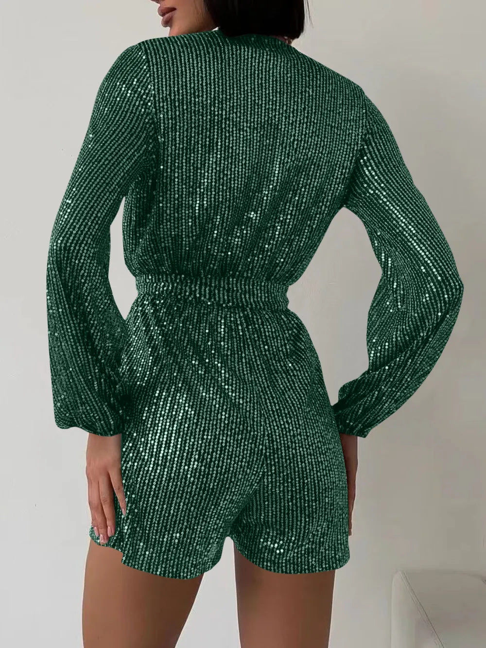 Full Size Sequin Surplice Tie Waist Long Sleeve Romper by Trendsi