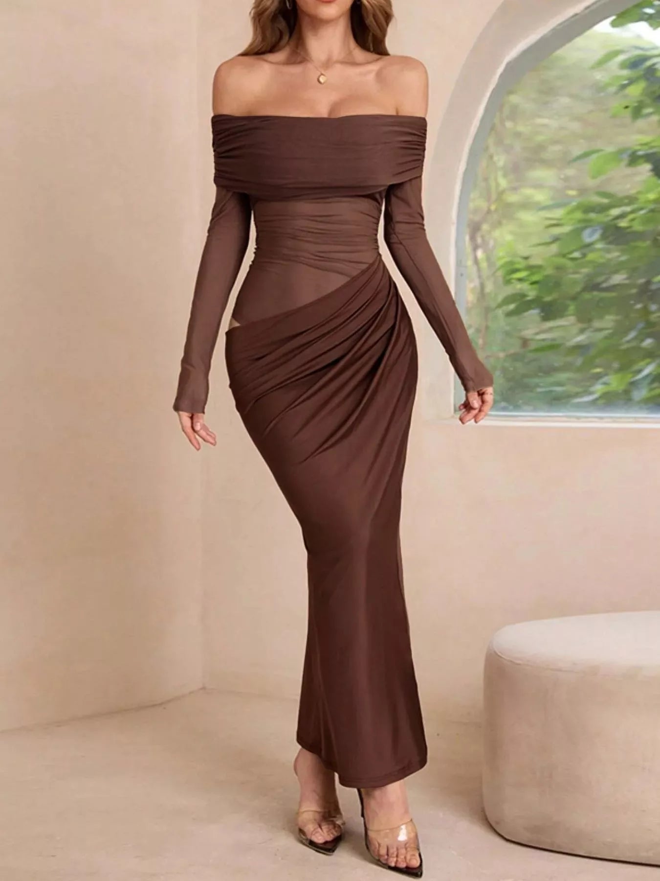 Off-Shoulder Long Sleeve Ruched Bodycon Maxi Dress by Trendsi