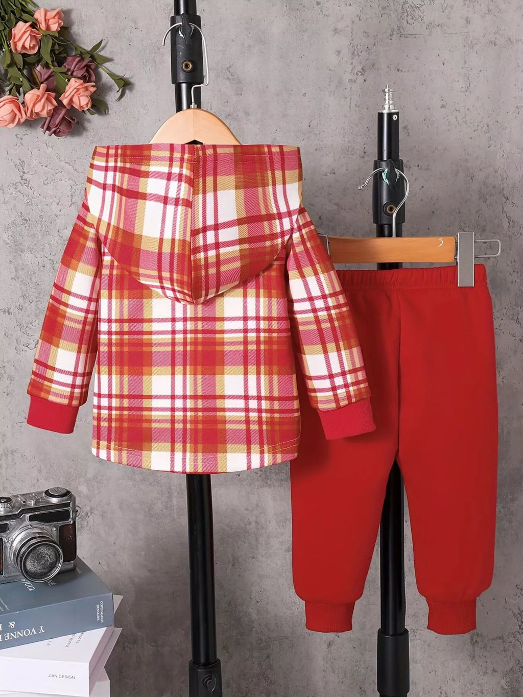 Children's Plaid Button Up Hooded Top & Pants Set by Trendsi